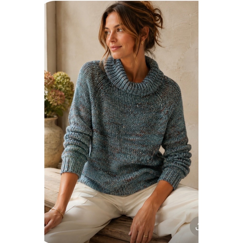Anthropologie + Moth Blue Space Dye Cowl Neck Sweater XL Made in Italy